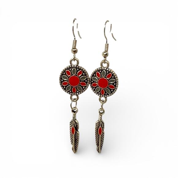 Jewelry - Boho Feather Earrings Silver Red Western Mandala Dangle Drop Design NEW pierced